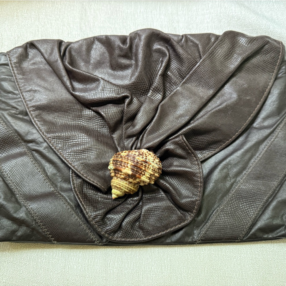 Vintage handmade genuine soft Italian leather Brown Clutch Bag with seashell